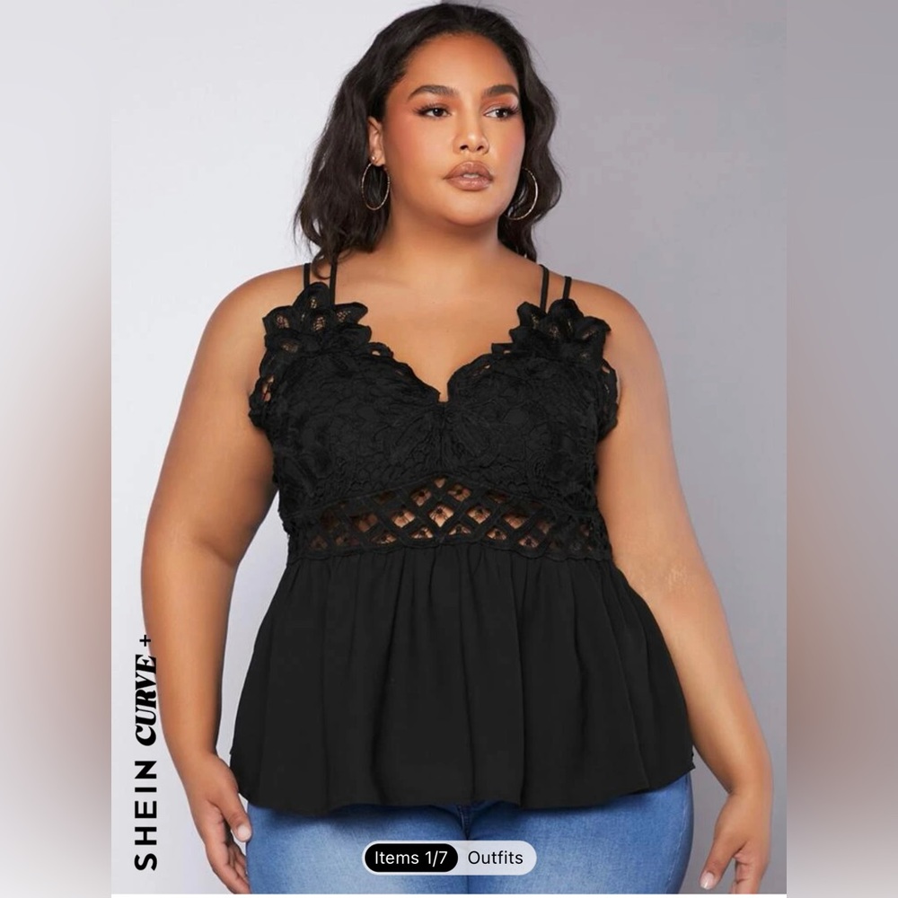 SHEIN CURVE+ Plus Contrast Lace Crisscross Shirred Back Ruffle Hem Cami Top